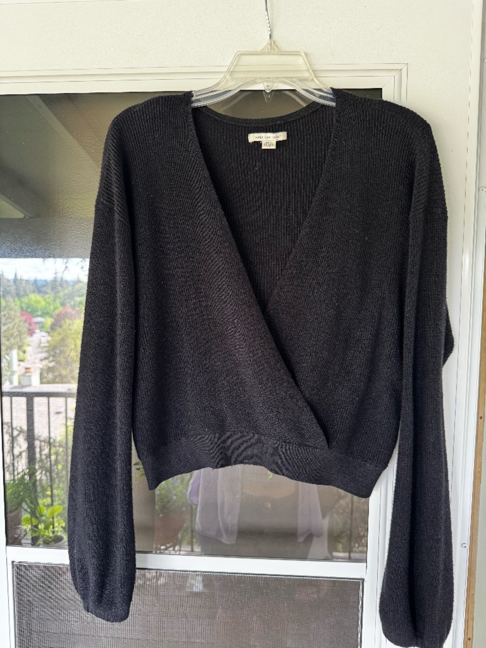 Cropped faux wrap lightweight sweater with bell sleeves